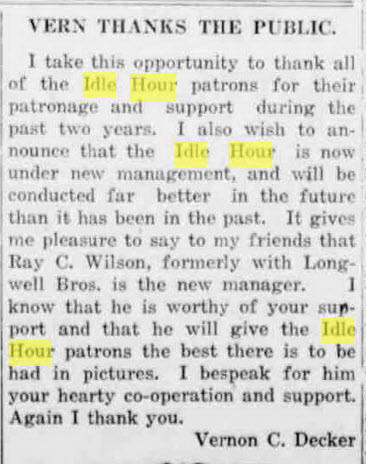 Idle Hour Theater - Oct 20 1916 Managment Change (newer photo)